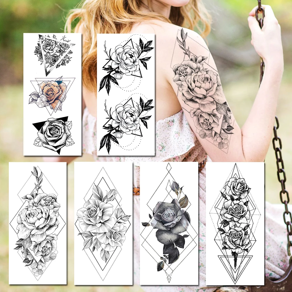 Геометрические татуировки Lotus Rose наклейки реалистичные поддельные черные цветы