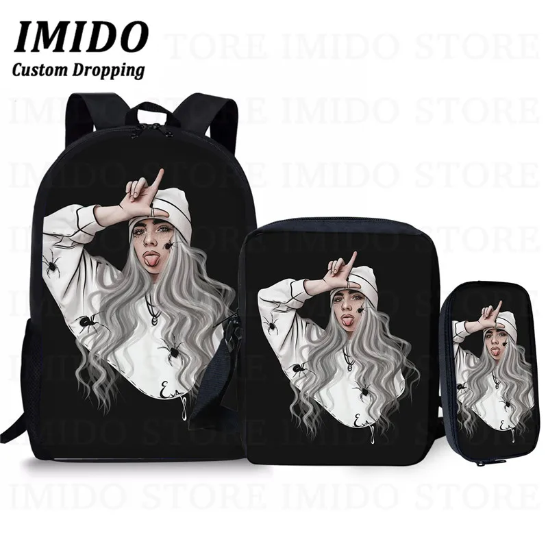 IMIDO, школьный рюкзак для девочек-подростков в стиле хип-хоп Billie Eilish, комплект из 3 предметов, школьные сумки для студентов и студентов, сумка для книг, Повседневная сумка, подарок - Цвет: as picture