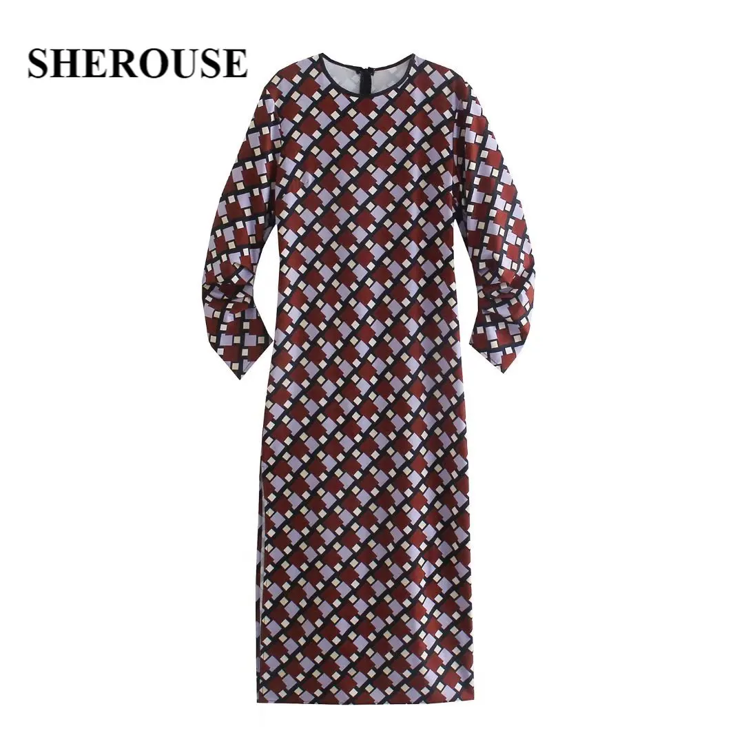 

Женское винтажное платье-миди с длинным рукавом и О-образным вырезом Sherouse