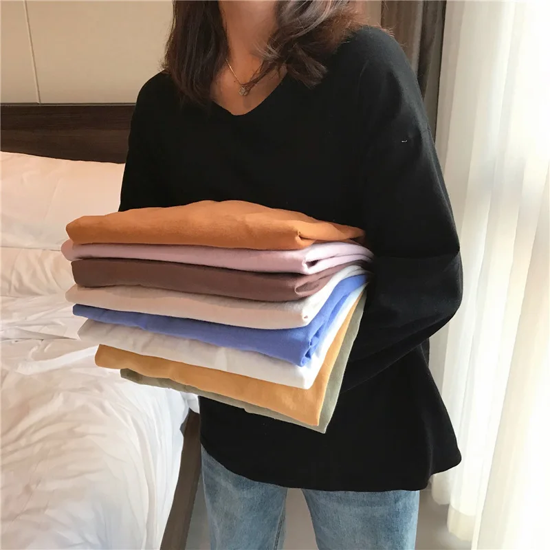 

Spring 2021 New Korean Students Tees All Match Casual Basic Top Loose Long Sleeved T Shirt Women Casual Solid Color Tshirts