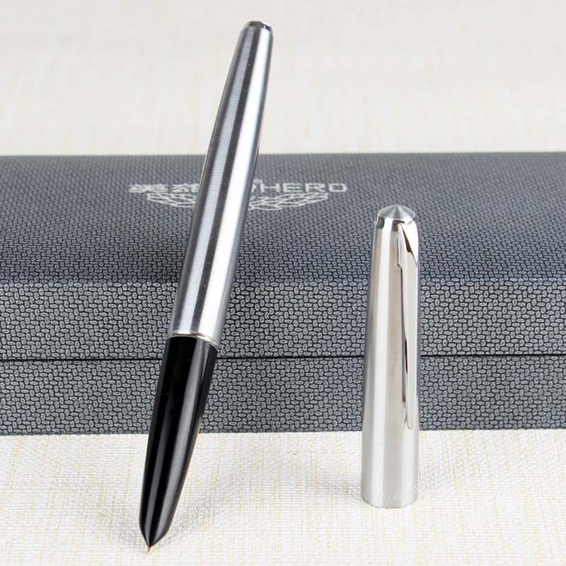 Hero 100 14K Gold Nib Classic Fountain Pen Metal All-Steel Silver Authentic Quality Outstanding Ink 0.5mm Writing Gift Set | Канцтовары