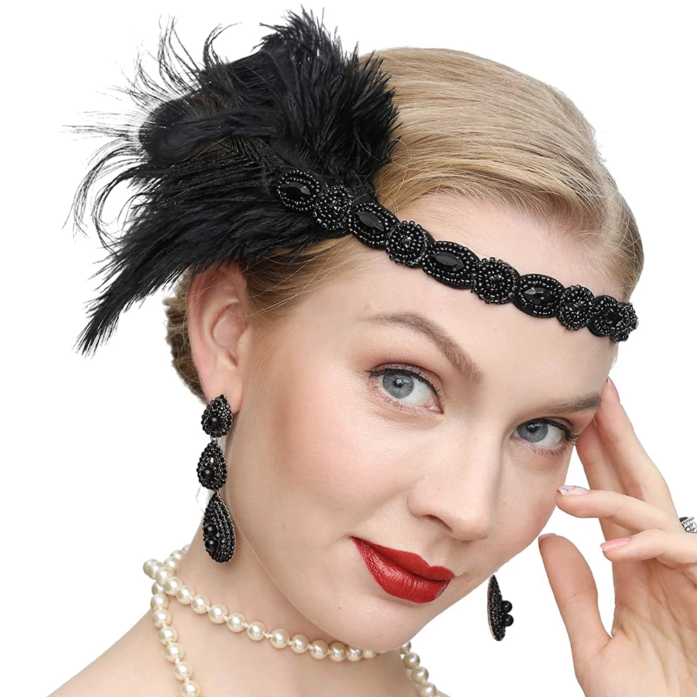 Женская повязка на голову с черными перьями Roaring 20s 1920s - купить по выгодной цене |