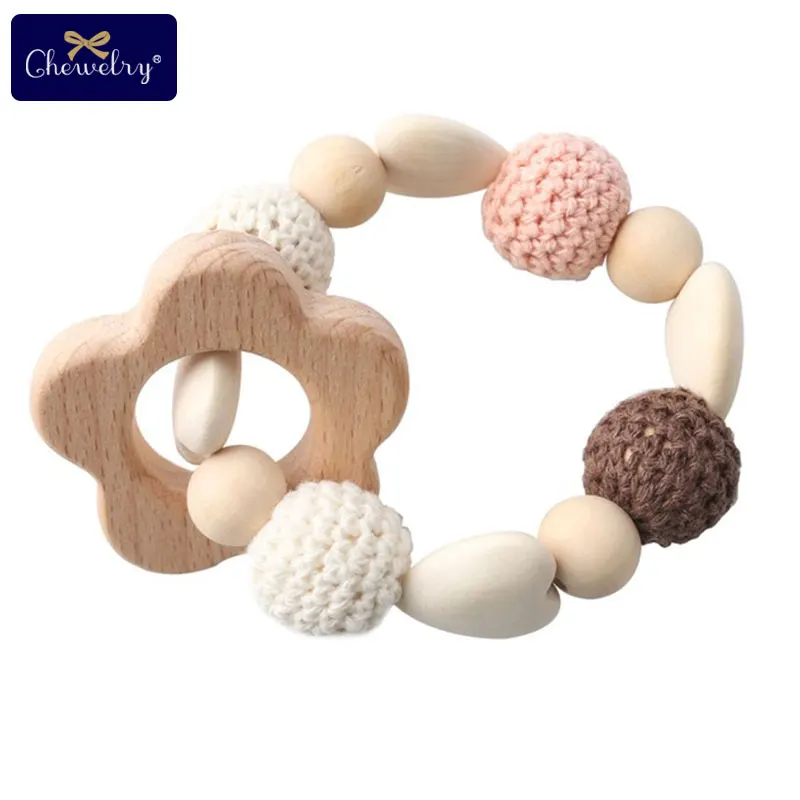 Flower Rattle 1 шт. деревянный Прорезыватель Aniaml Sika олень DIY ремесла детский браслет погремушки бук дерево грызун крючком бусы подарки для детей продукты игрушки - Цвет: Flower Rattle