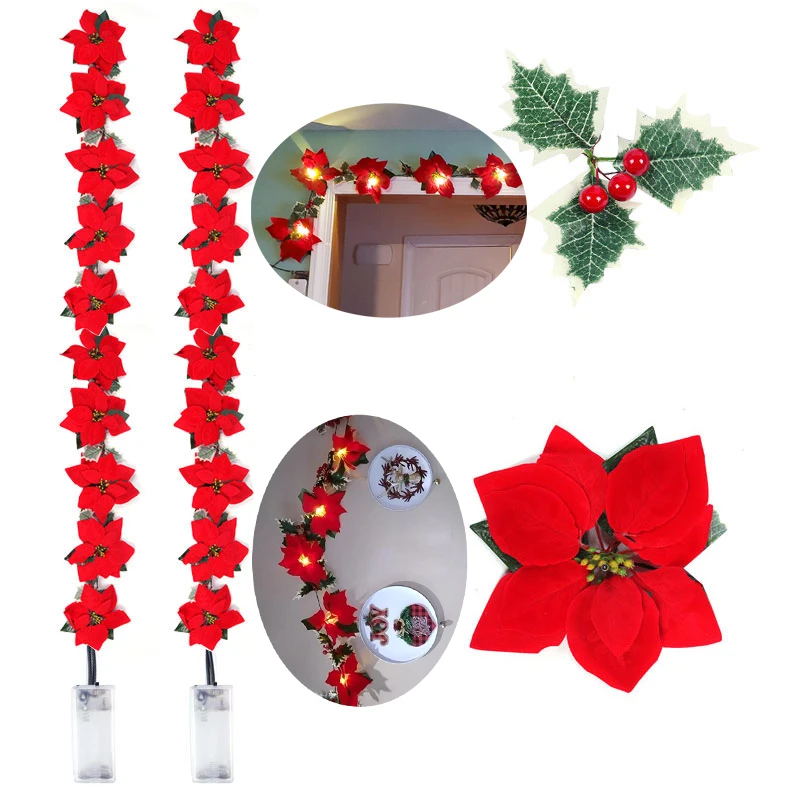 

Artificial Flower Christmas Tree Decor With Red Berry Holly Leaves Garland String Lights For Indoor/Outdoor Party Supplies