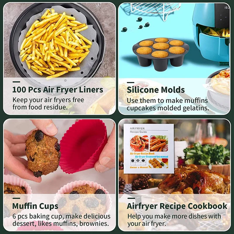 

14 PCS Air Fryer Accessories with 8 Inch Cake Pan, Pizza Pan, Silicone Baking Cup, Skewer Rack, Parchment Paper