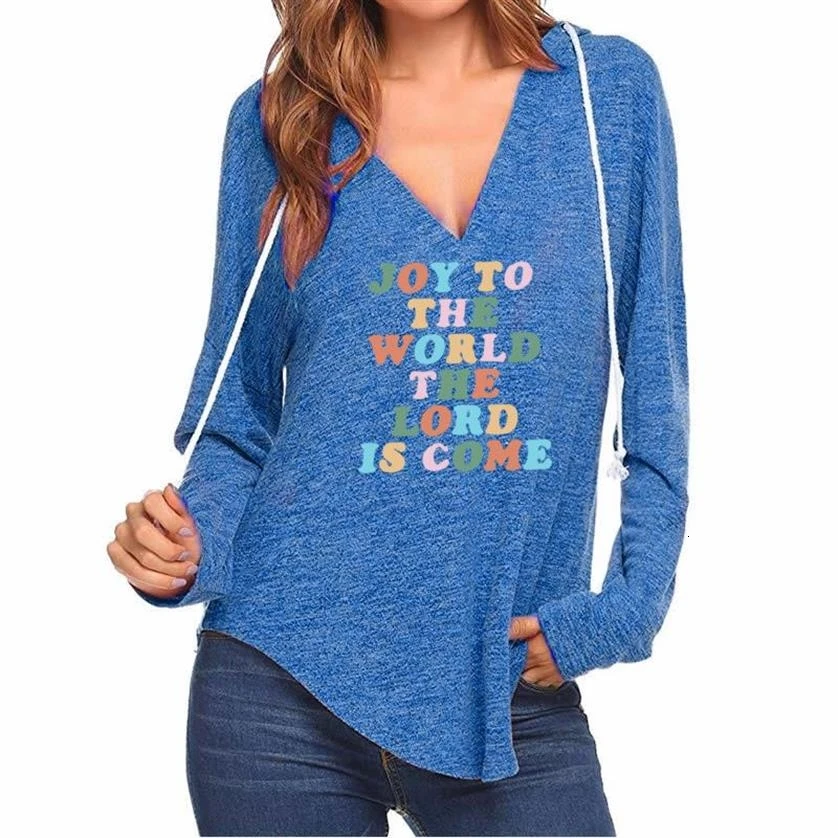 

Joy To The World The Load Is Come Letters Print Cotton Hoodies For Women V-Neck Sweatshirts Femmes Jesus Bible Faith Clothings