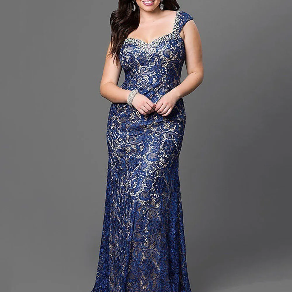 

Blue Lace Floral Patchwork Evening Dress Sexy Sleeveless Mermaid Long Robe Femme Elegant Wedding Formal Gown Plus Size Vestidos