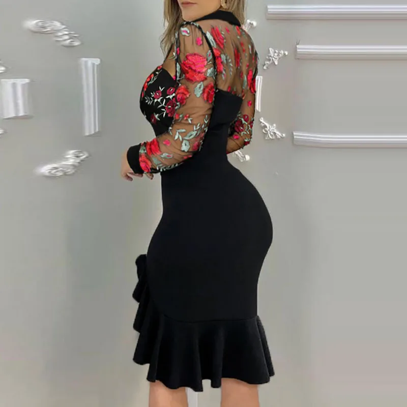 

2021 Spring Flower Print Lace Party Dress Women Turn-down Collar Button Hollow Out Dress Summer Mesh Ruffle Irregular Midi Dress