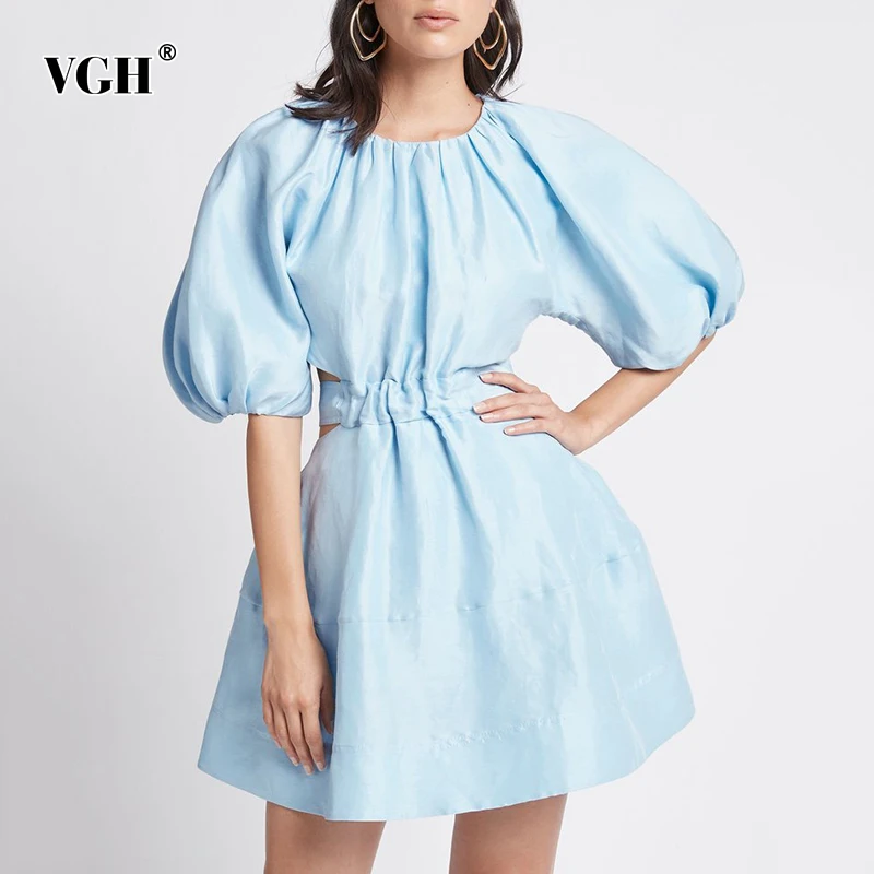 

VGH Blue Casual Hollow Out Dress For Women O Neck Puff Short Sleeve High Waist Lace Up Mini Dresses Female 2022 Summer Clothing