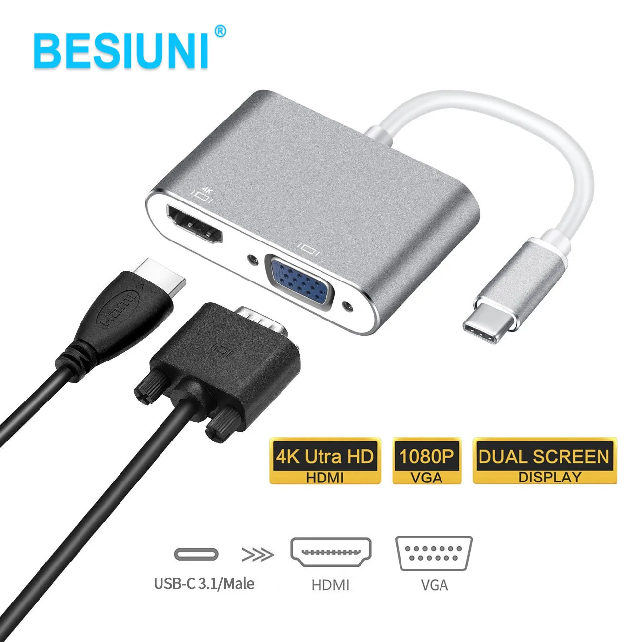Кабель Переходник USB C на VGA HDMI совместимого адаптера 4K Тип концентратор видео