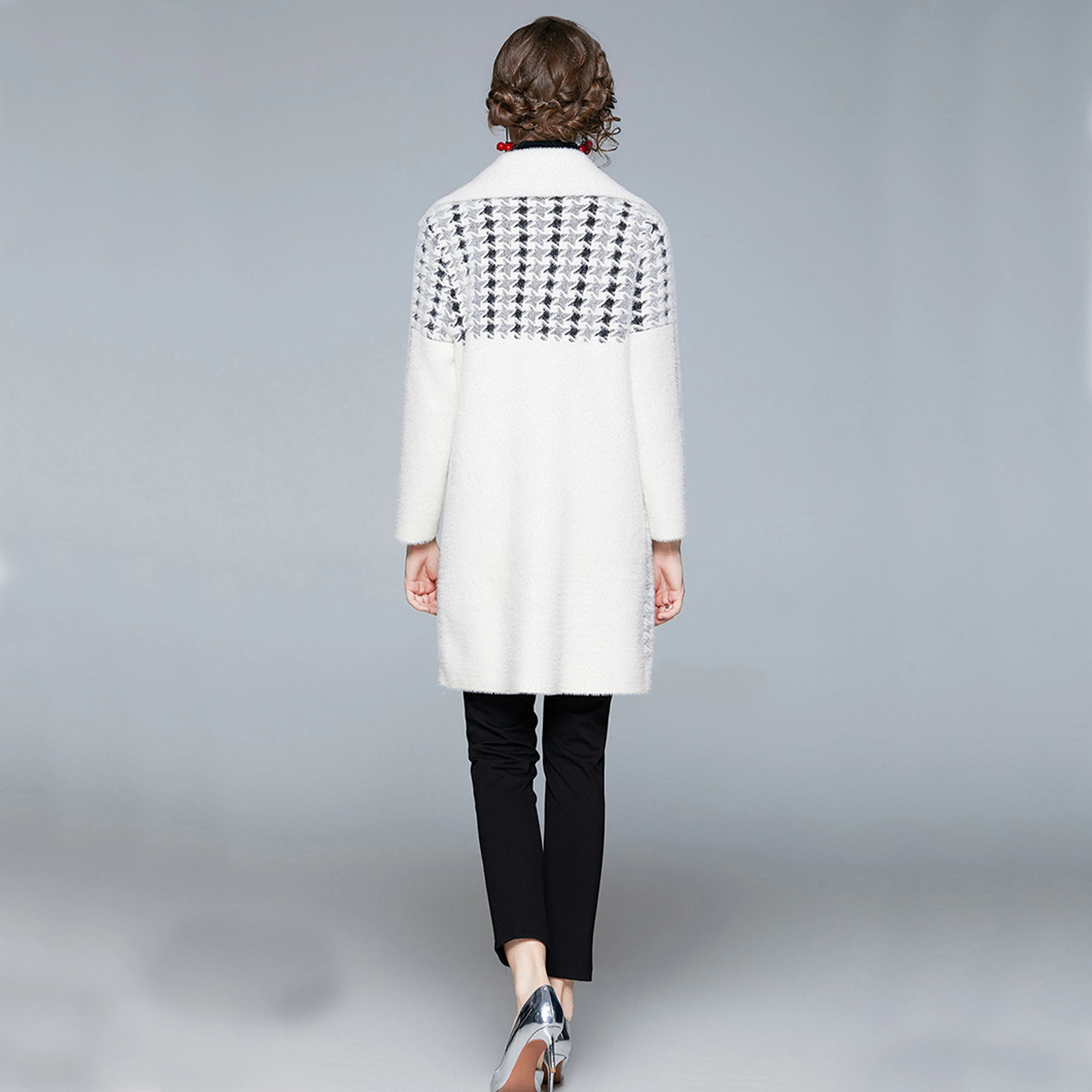 

FNOCE 2021 new spring women's woolen overcoat fashion elegant Plaid print long sleeve slim eye catching korea outwear coats