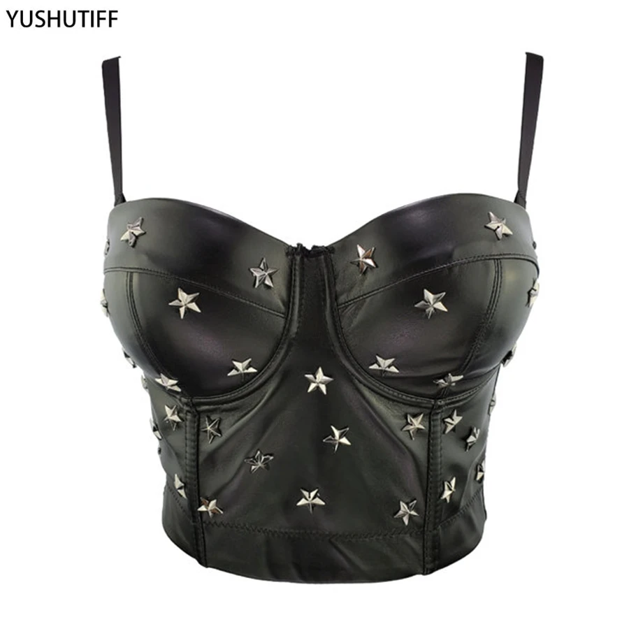 PU Leather Top Star Decor Sexy Black Beading Top Female Crop Top Women Solid Camis Tops With Built In Bra Push Up Bustier Corset