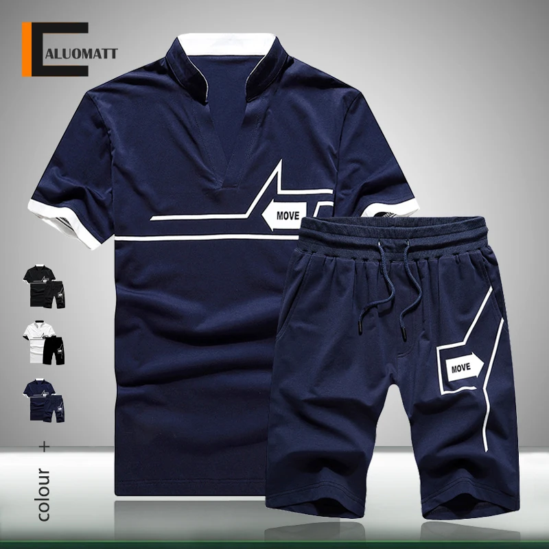 Модный мужской летний свободный спортивный костюм с принтом и коротким рукавом