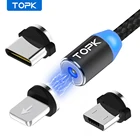 Магнитный кабель TOPK USB Type-CMicroLightning для телефонов iPhoneAndroid, с подсветкой, 2.4A, 12 м