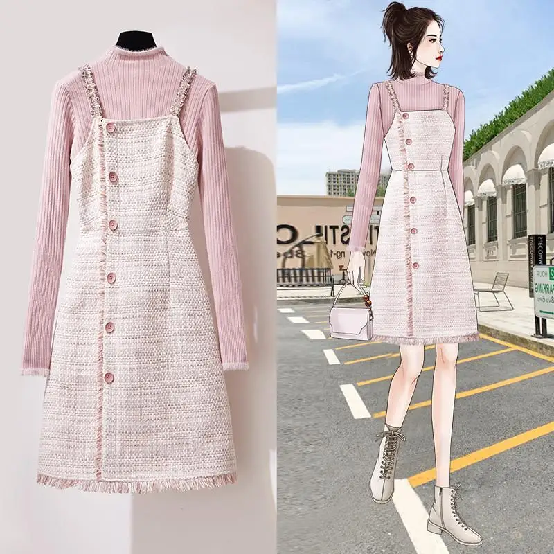 Твидовое шерстяное корейское платье Женский комплект из 2 предметов зимнее