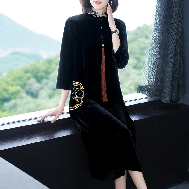 

COIGARSAM Women Dress Autumn 2021 New Office Lady Long Sleeve Loose Solid Stand Neck Black Dresses Traf Robe Vestidos