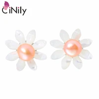 cinily created shell pearl authentic 100 solid 925 sterling silver wholesale flower for women jewelry stud earrings 12mm se031