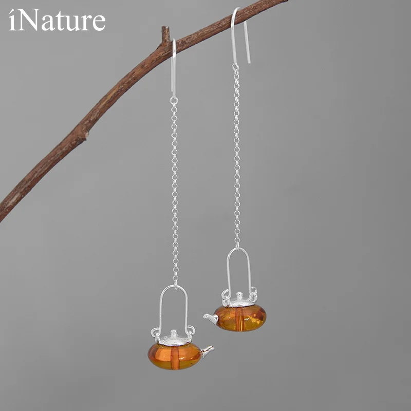 Серьги-подвески INATURE из серебра 925 пробы с натуральным янтарем | Украшения и