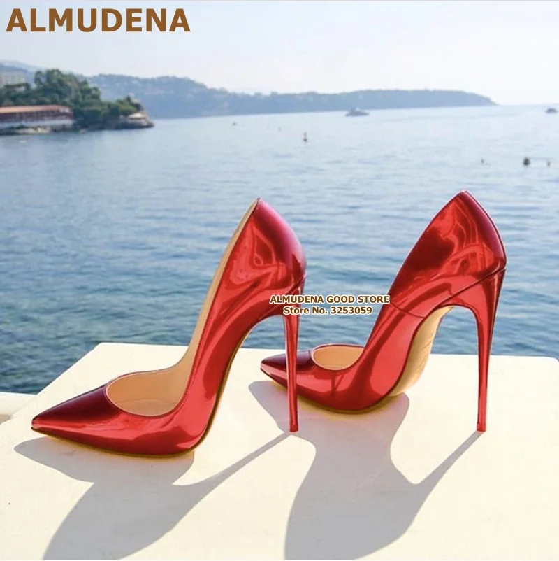 ALMUDENA/женские туфли-лодочки с острым носком; цвет флуоресцентный, фиолетовый; Каблук 12 см; модельные туфли из лакированной кожи; блестящие свадебные туфли на каблуке
