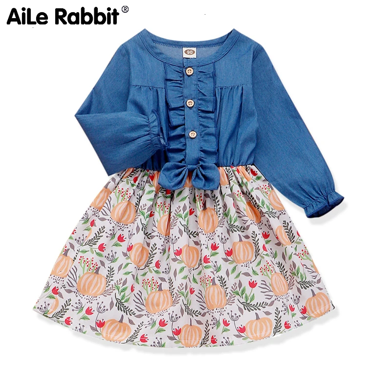 INS 2019 Girls Clothes Fashion Denim Dress Long Sleeves Autumn New Cartoon Pumpkin Kids Clothing Girl Costume | Детская одежда и