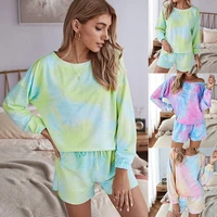 summer womens long sleeved top and shorts tie dye suit polyester loose large size tie dye printing women clothes 2020 two piece