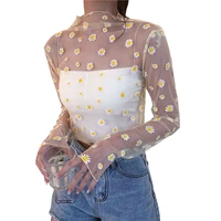 summer new women sunscreen inner wear chiffon mesh shirt thin shirt butterfly perspective mesh half high tops mesh bottom shirt