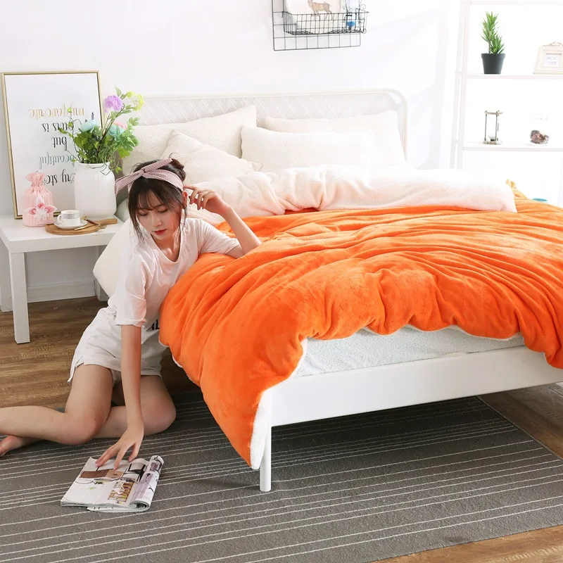 orange fleece AB сбоку зима пододеяльник из берберского флиса одеяла крышка ягненка матрас, домашний текстиль 1 предмет, однотонное теплое одеяло бархат покрывало - Цвет: orange fleece