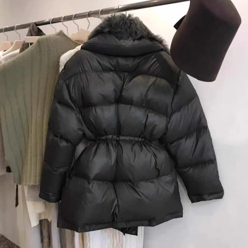 

Winter New Lam Fur Collar 2021 Thick Small Western Chic Fashion Jacket Women's White Duck Down Ajustable Waist Coat Female