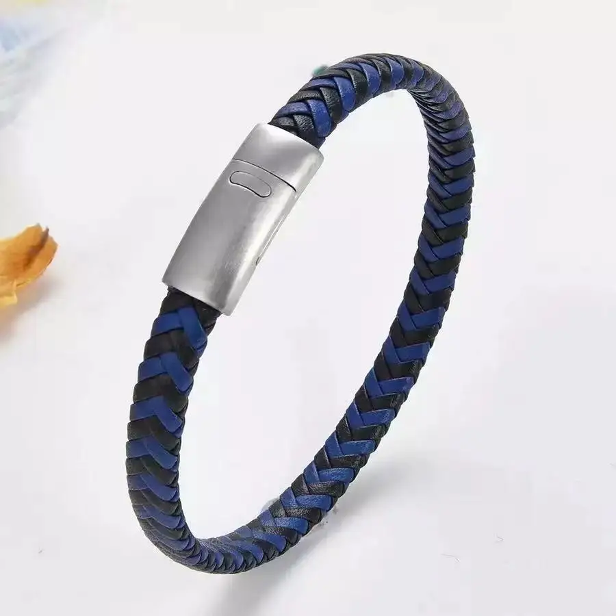 

Новинка 2021, мужской кожаный браслет в классическом стиле, простой черный браслет из нержавеющей стали с пуговицами, нейтральные аксессуары,...