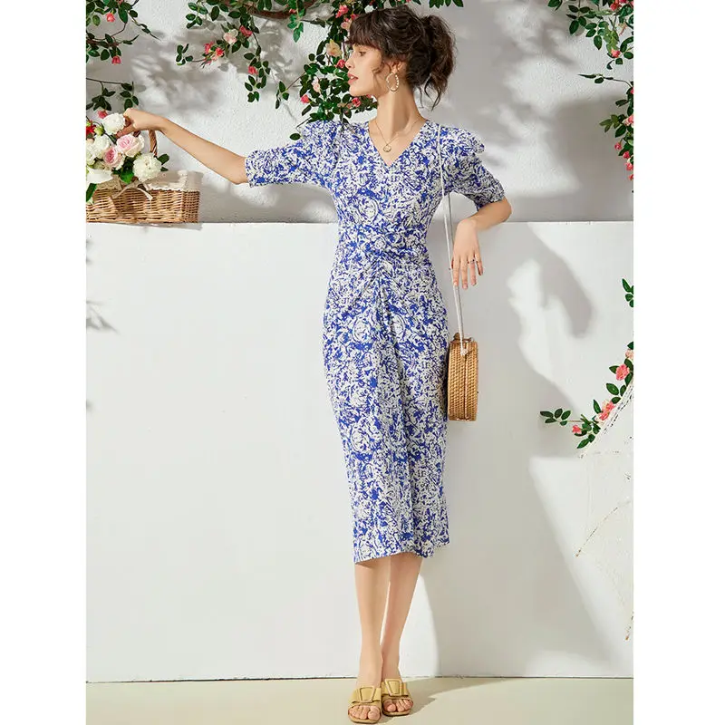 

Dress Women Elegant Style 95% Silk Printed V Neck Half Puff Sleeves Folds High Quality Casual Dresses Ladies New Fashion