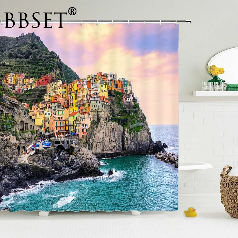 

Scenic Shower Curtain Beautiful City By The Sea Pattern Waterproof Multi-size Douchegordijn Bathroom Decor Witn 12 Hooks
