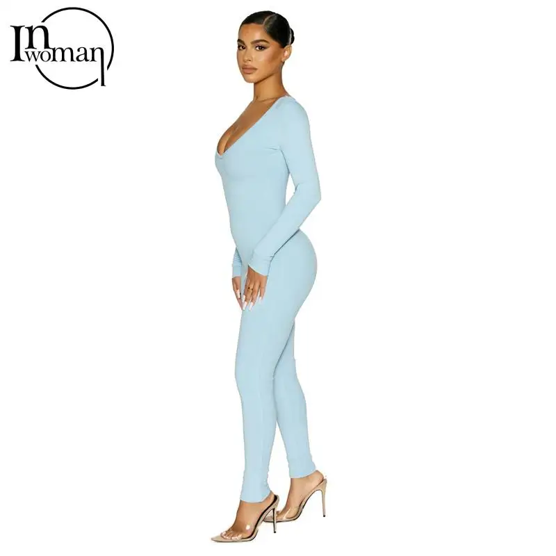 

Inwoman Fall Winter O Neck White Jumpsuit Sexy One Piece Club Outfits For Women 2021 Ladies Long Sleeve Blue Bodycon Jumpsuit