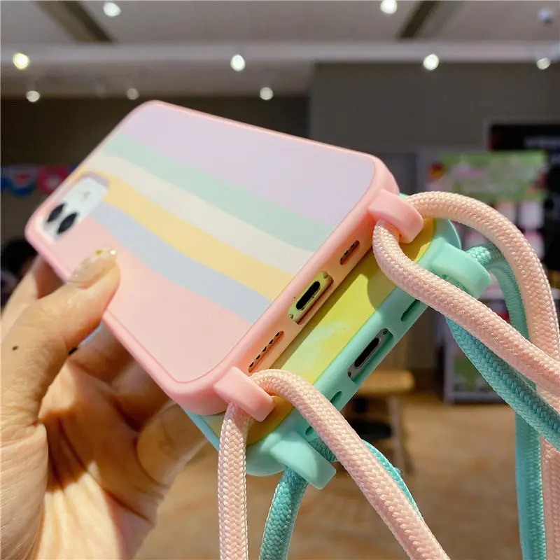 

Rainbow Lanyard Soft Silicone Phone Case For iPhone 12 11 Pro Max X XR XS Max 12Mini 7 8 Plus SE2020 Shockproof Back Cover