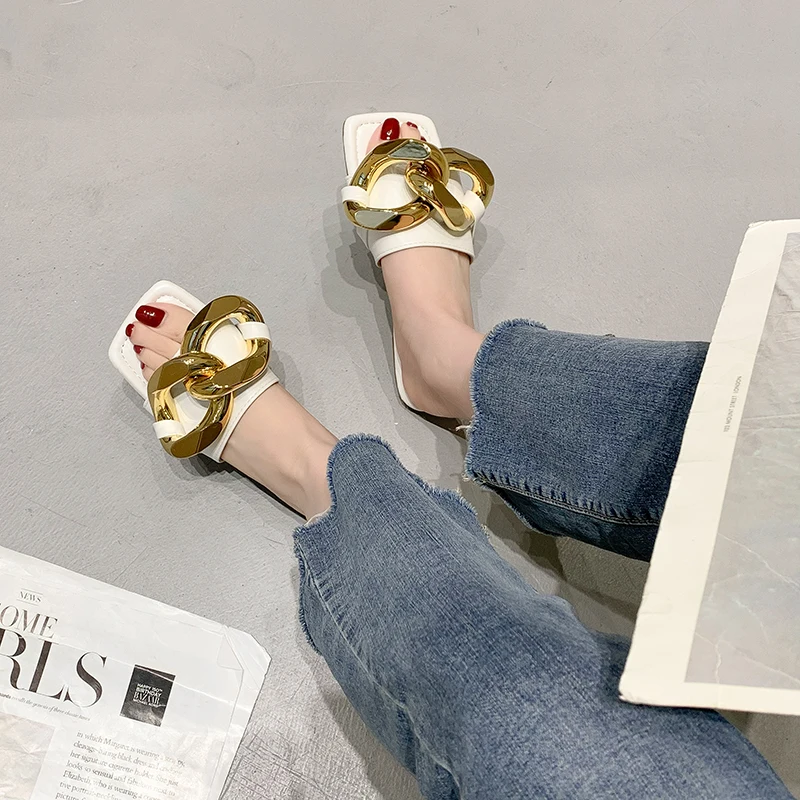 

Female Shoes Slippers Women Summer Rivet Luxury Slides Low 2021 Designer Flat Basic PU Metal Decoration Fashion Rubber Female Sh