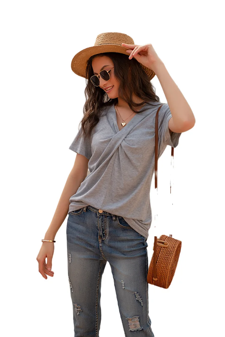 

European and American foreign trade cross-border women's new V-neck short-sleeved kink casual T-shirt