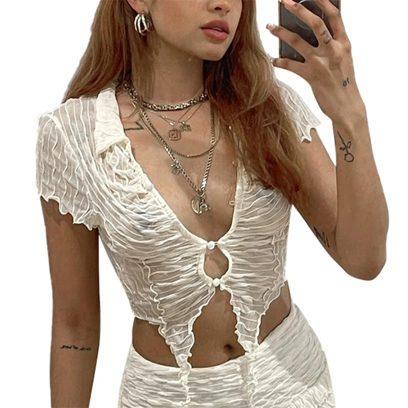 

Hirigin 2021 Summer Women\u2019s Y2k Casual Short Sleeve Cardigan Fashion Solid Color Irregular Exposed Navel Tops Streetwear