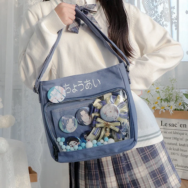 

Xiuya Kawaii Shoulder Bag 2021 Japanese Harajuku Crossbody Canvas Ita Bag Transparent PVC DIY Anime Shopper Big Capacity Satchel