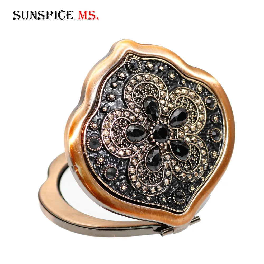 SUNSPICE-MS, турецкое мини компактное карманное цветочное зеркало, портативное двустороннее складное зеркало для макияжа, Женские винтажные косметические зеркала - Окраска металла: MR012black