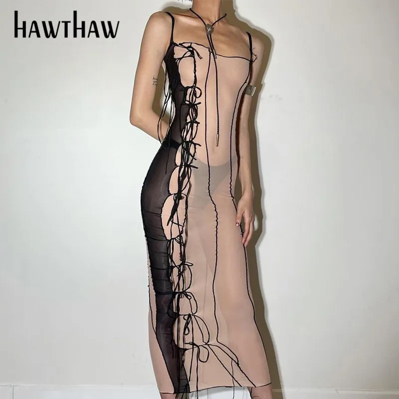 

Женское прозрачное Сетчатое платье Hawthaw, облегающее пикантное платье без рукавов в стиле колор блок и пэчворк, уличная одежда, лето 2021