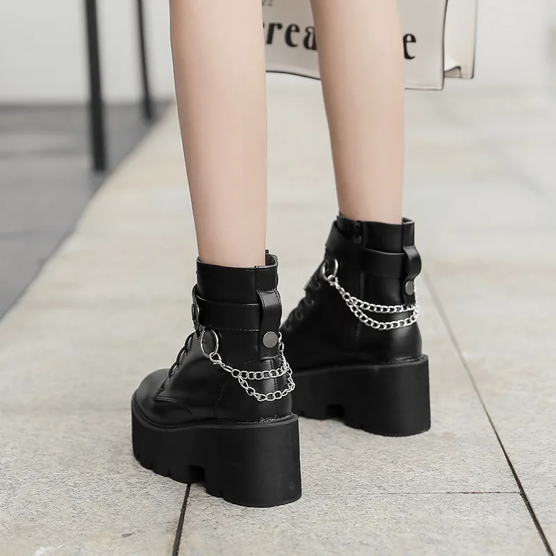 

New Sexy Chain Women Leather Autumn Boots Block Heel Gothic Black Punk Style Platform Shoes Female Footwear High Quality Boots