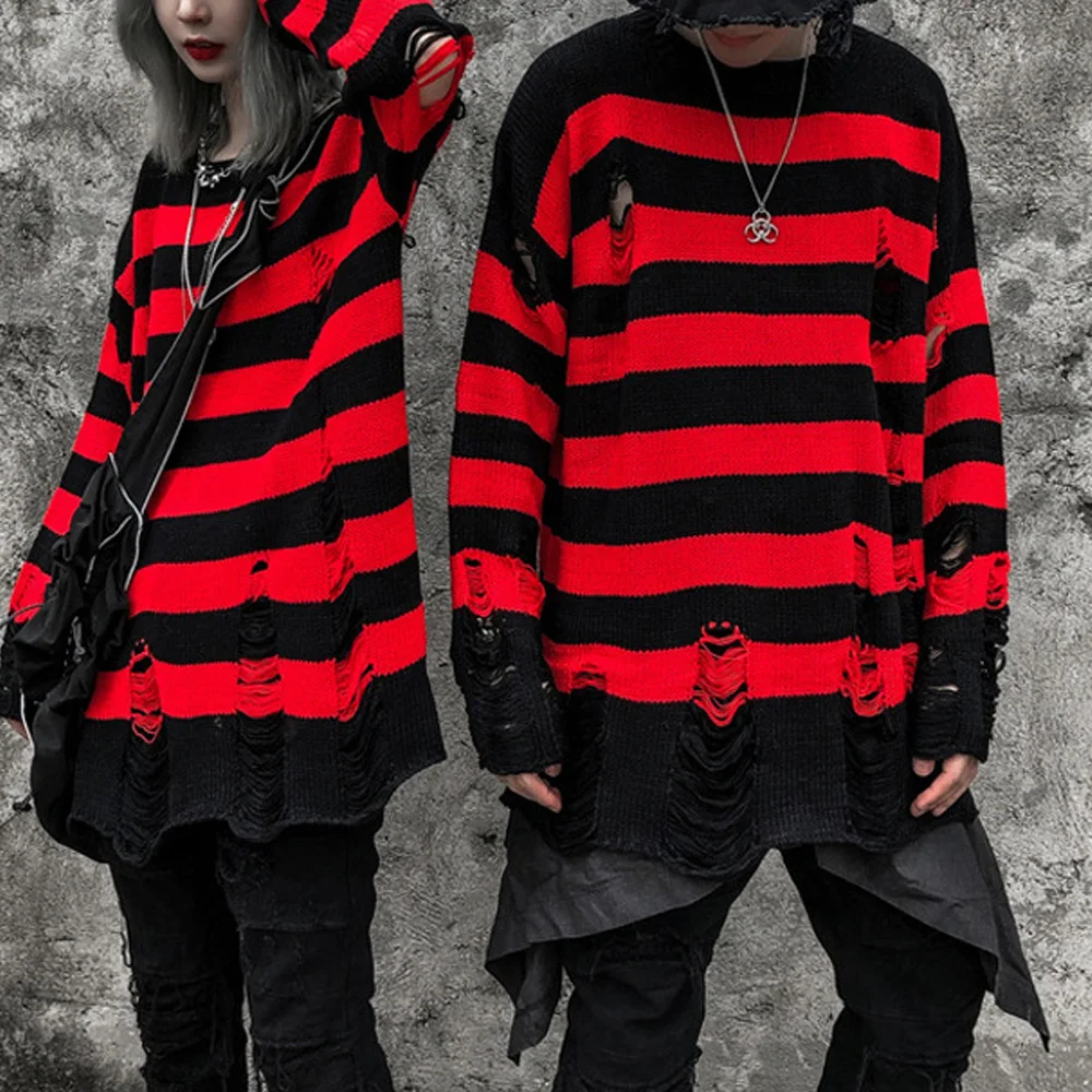 

Highstreet Couple Ripped Knitted Sweater Women Red Black Striped Casual Loose Sweater Pullover Men's Hip Hop Goth Autumn Tops