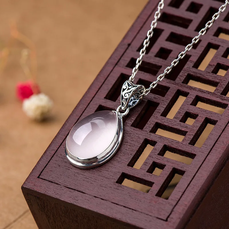 Подвеска из настоящего серебра 925 пробы с розовым кварцем для женщин ожерелья и