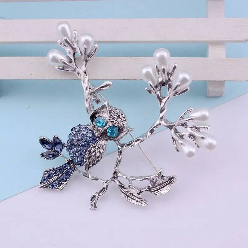 TANGTANG Large Brooch Blue Crystal Eyes Owl On Branch Simulated White Pearl Antique Metal Pin For Women Unique | Украшения и