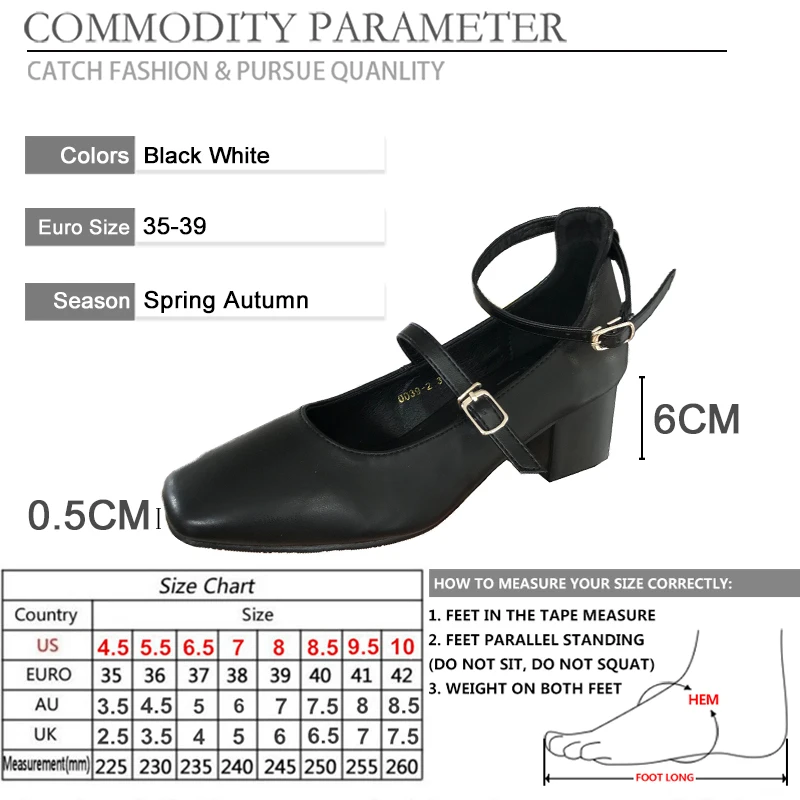 

BYQDY Autumn New Black PU Leather Heels Pumps Women Two Buckle Square Toe Shoes Woman Med Thick Heels Single Shoes For Girls
