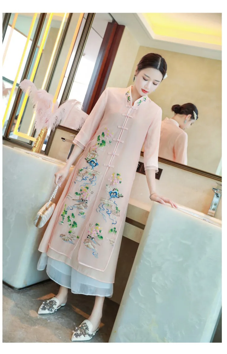 

Traditional original design Chinese style autumn long-section flower Embroidered big size standard collar outerwear for women
