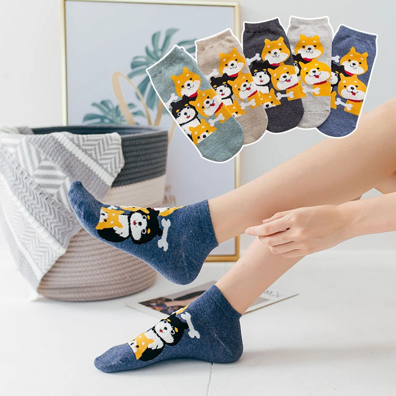 Cute cartoon shiba feather decorated ankle socks girls funny fox dog chick cat rabbit short unisex animal sox Dropship | Женская одежда