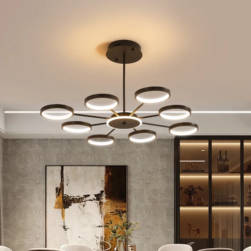 

Nordic Creative LED Intelligent Net Red Living Room Chandelier Black Geometric Ring Led Dining Room Lamp Modern Bedroom Lighting