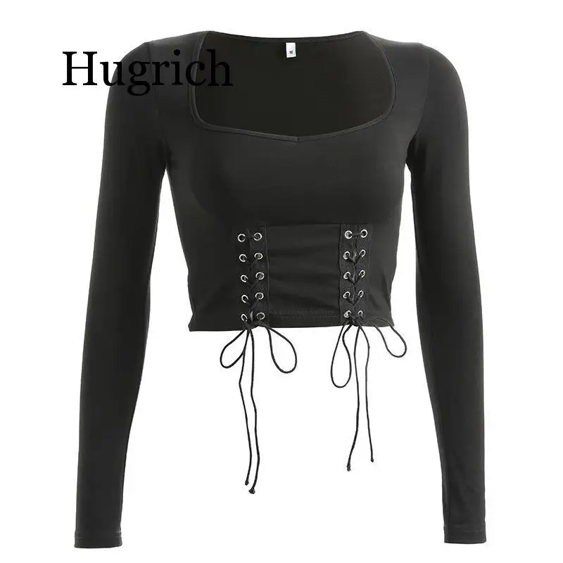 

Sexy Square Collar Hollow Out Waist Lacing Cotton T-Shirt Women 2020 Streetwear Long Sleeve Skinny Tees Tops feminina