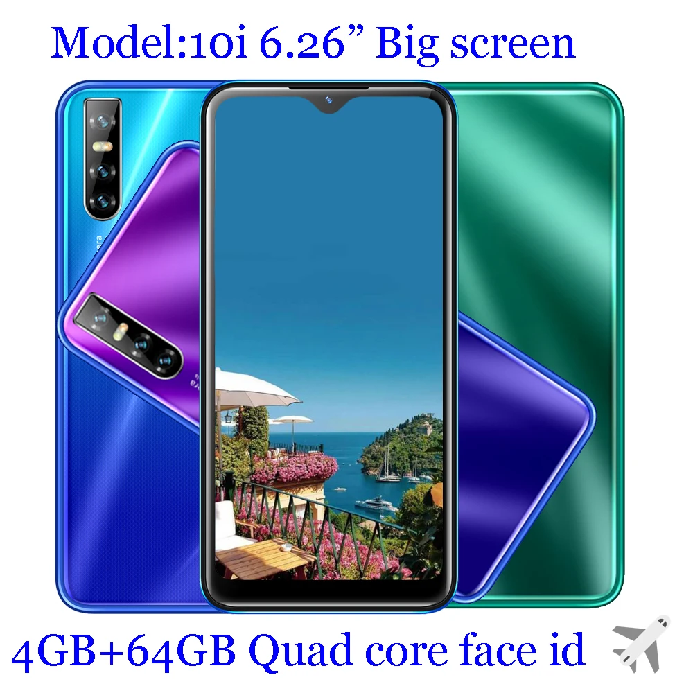 

10i Smartphones Quad core 2Sim 13MP HD Camera Water drop screen 6.26'' 19:9 4G RAM 64G ROM Face unlocked Android mobile phone