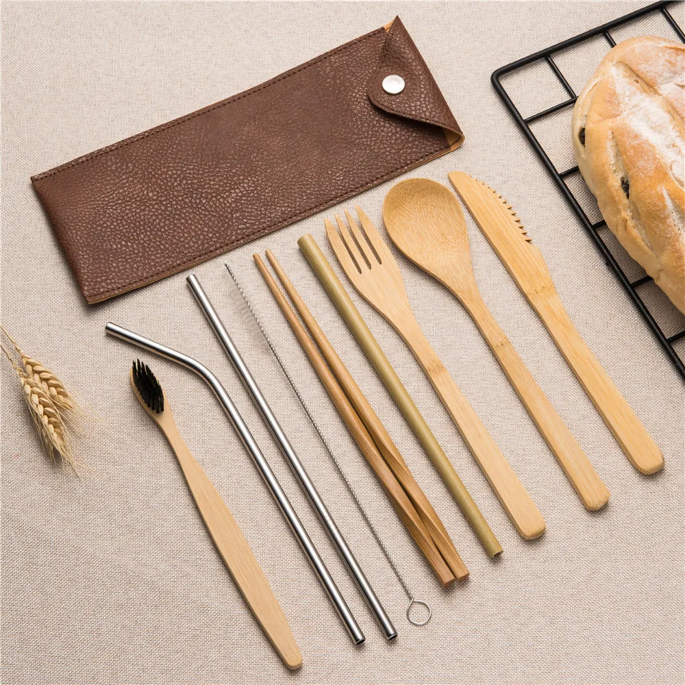 Набор деревянных столовых приборов из бамбуковой соломы набор посуды с тканевым